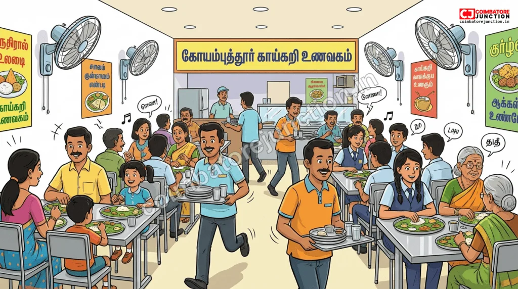 Interior view of a popular pure veg restaurant in Coimbatore during lunch service