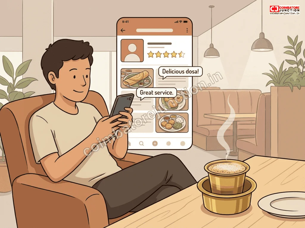 Customer checking vegetarian restaurant reviews on smartphone in Coimbatore