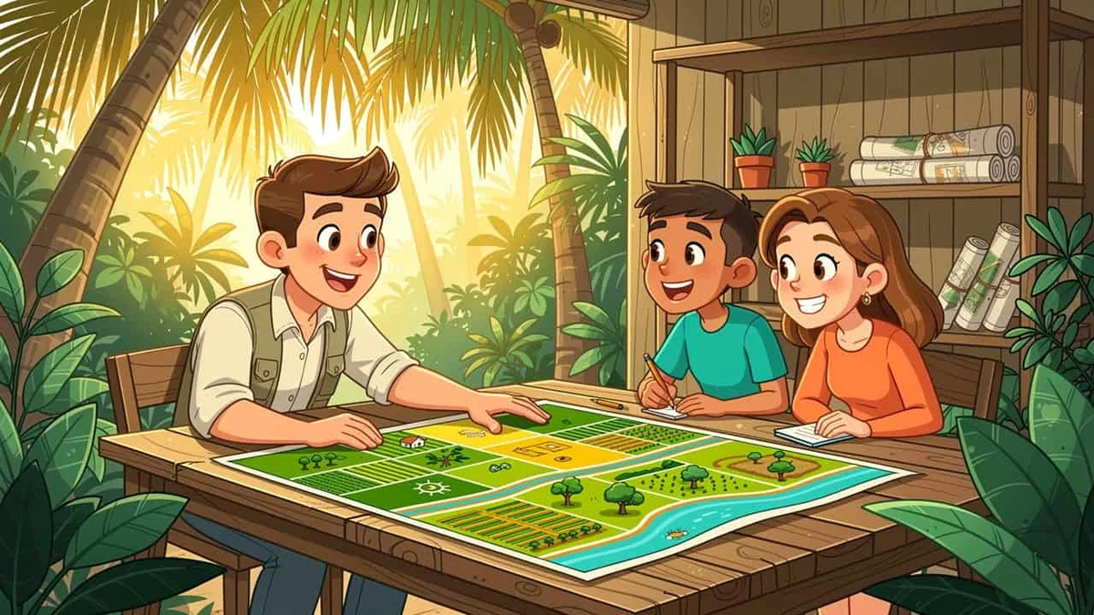 Cartoon farm land advisor helping couple choose the best plot