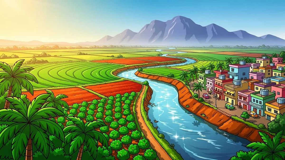 Cartoon aerial view of Coimbatore farm belts and Western Ghats landscape