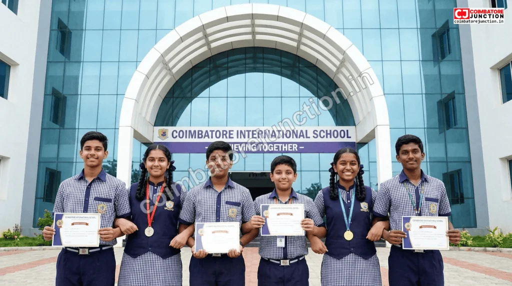Happy diverse group of students at a Coimbatore school representing successful educational outcomes