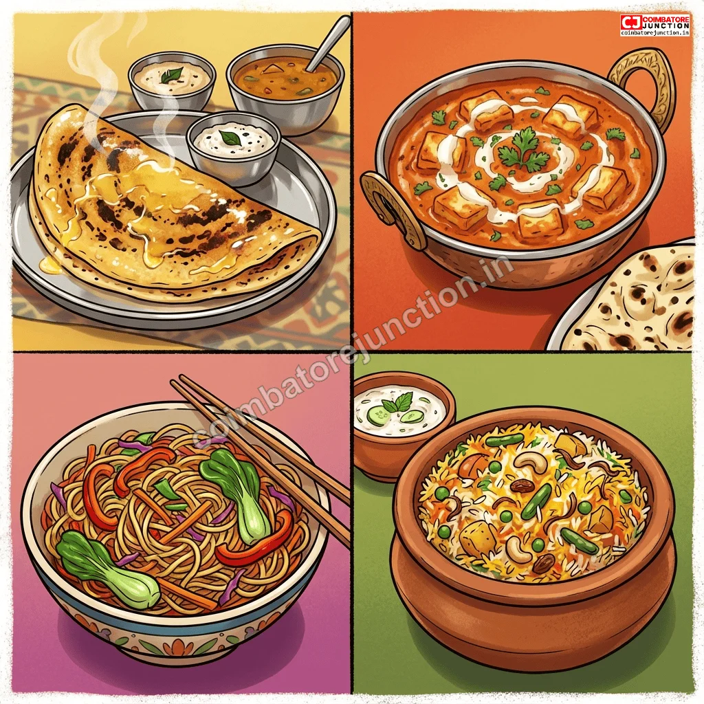 Collage of best vegetarian dishes from restaurants in Coimbatore including dosa, paneer, noodles and thali