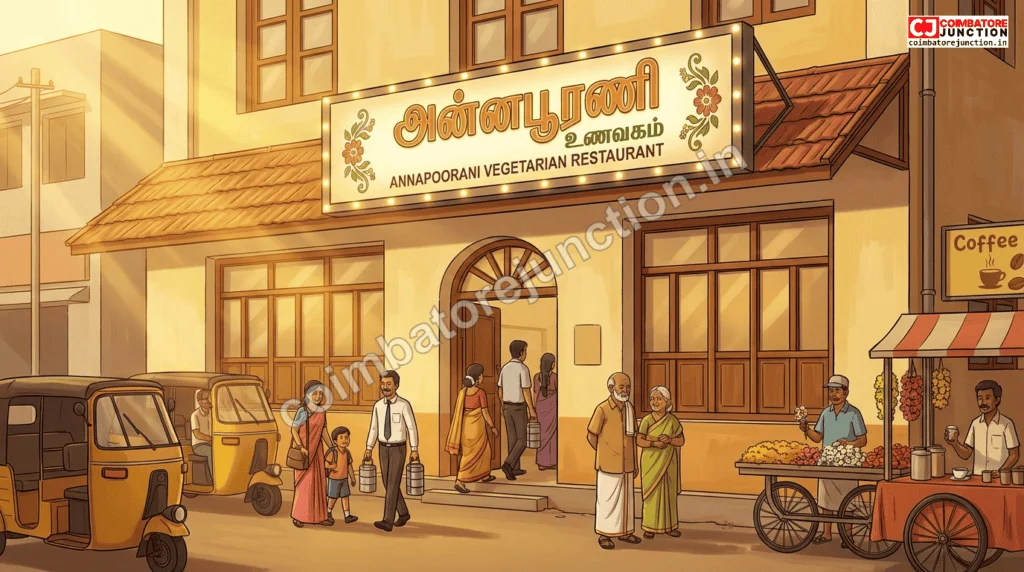 Early morning exterior view of a popular vegetarian restaurant in Coimbatore