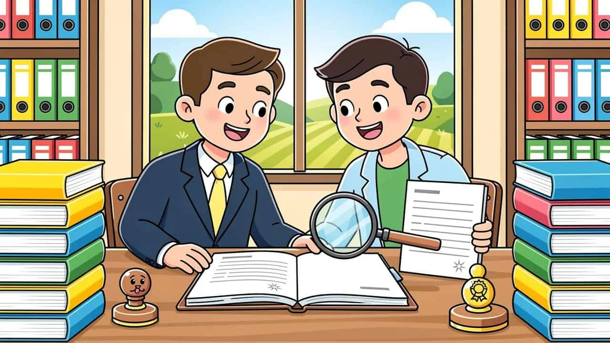 Cartoon lawyer and buyer reviewing farm land documents together