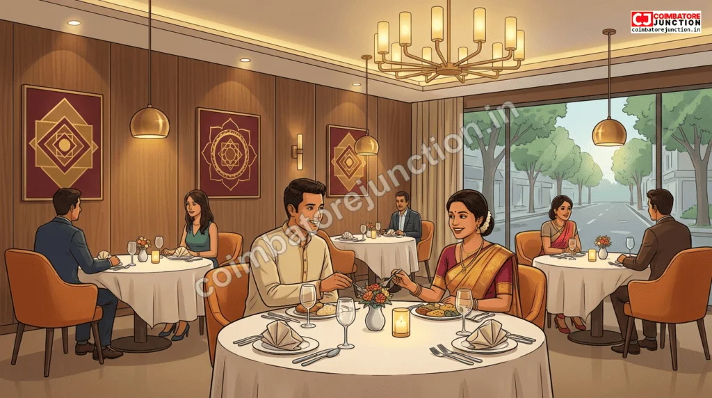 Fine dining vegetarian restaurant interior in Coimbatore with elegant ambiance