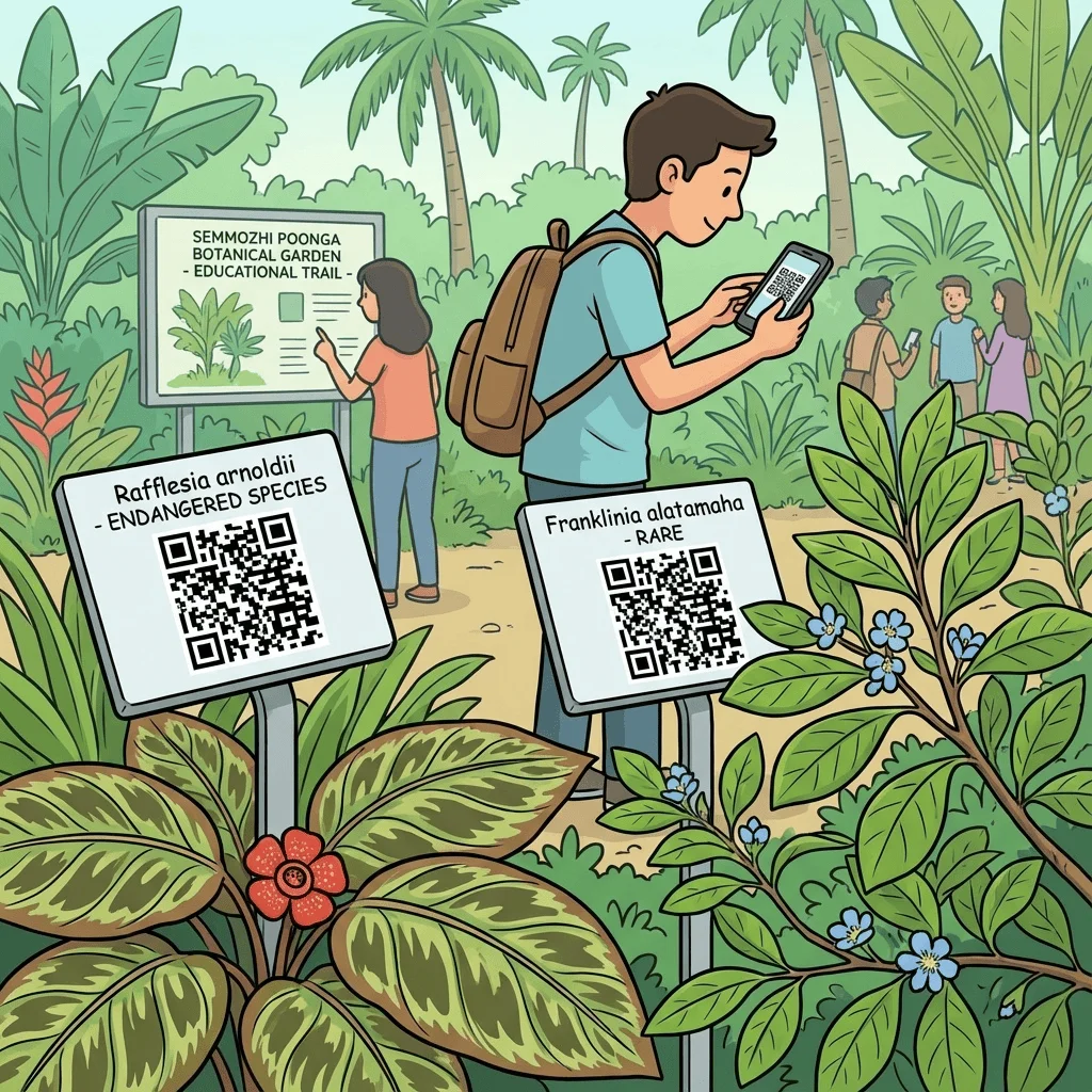 Rare plant species with QR code labels at Semmozhi Poonga
