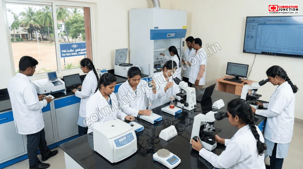 Class 11 and 12 students conducting experiments in a well-equipped science laboratory at a Coimbatore school