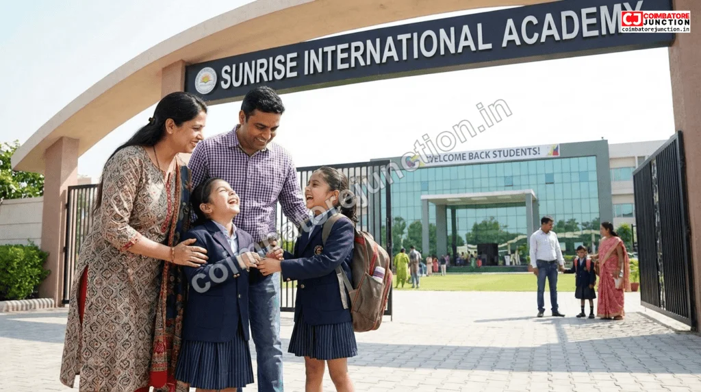Happy family at school entrance after successful admission to a Coimbatore school