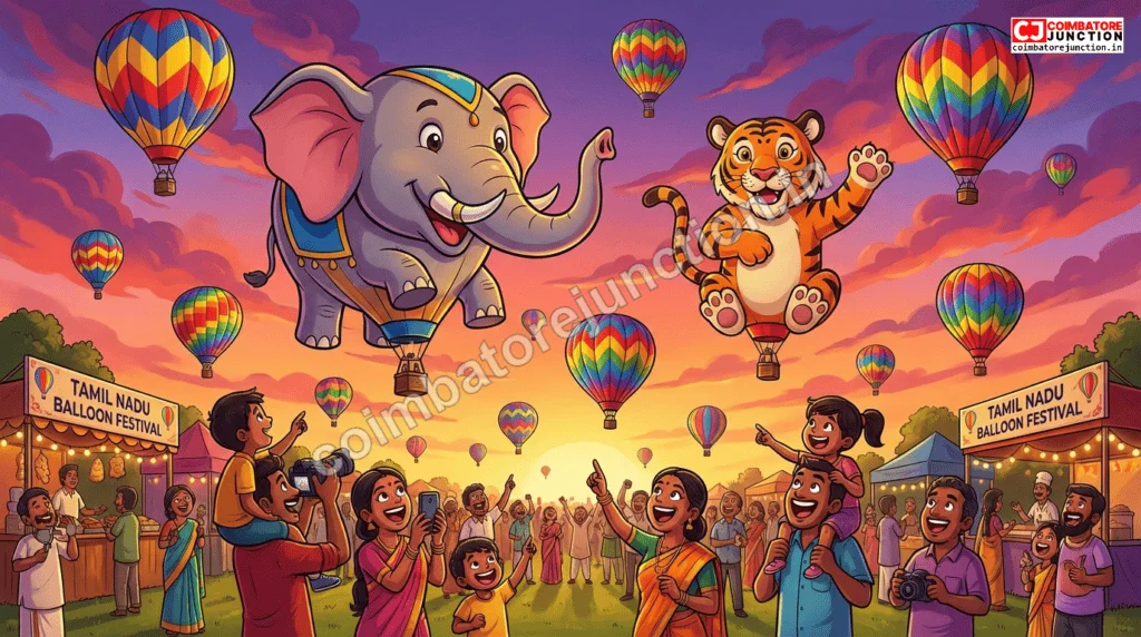 Tamil Nadu International Balloon Festival in Coimbatore showing colorful hot air balloons including elephant and tiger shapes against sunset sky