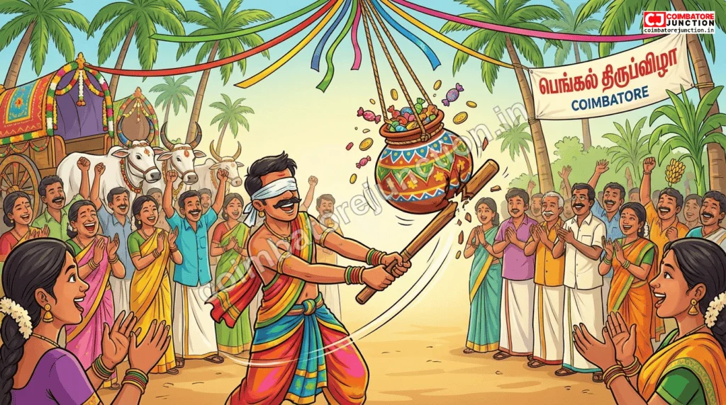 Uriyadi pot-breaking game at Pongal celebration with blindfolded participant and excited crowd watching
