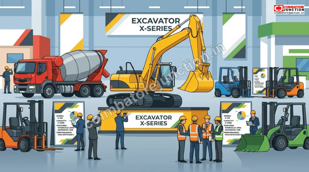  Heavy construction machinery including excavator and concrete mixer displayed at Build Intec exhibition

