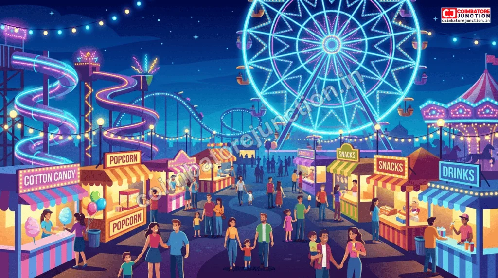 Night view of Ooh-La-La Carnival Coimbatore 2026 with colorful lights and families enjoying rides