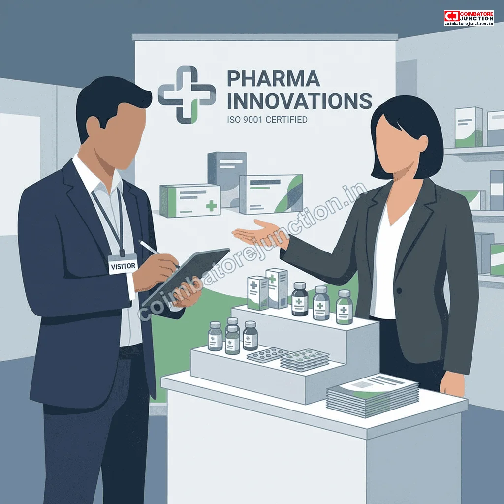 Business visitor taking notes during exhibitor discussion at PharmmaEx pharmaceutical trade fair Coimbatore