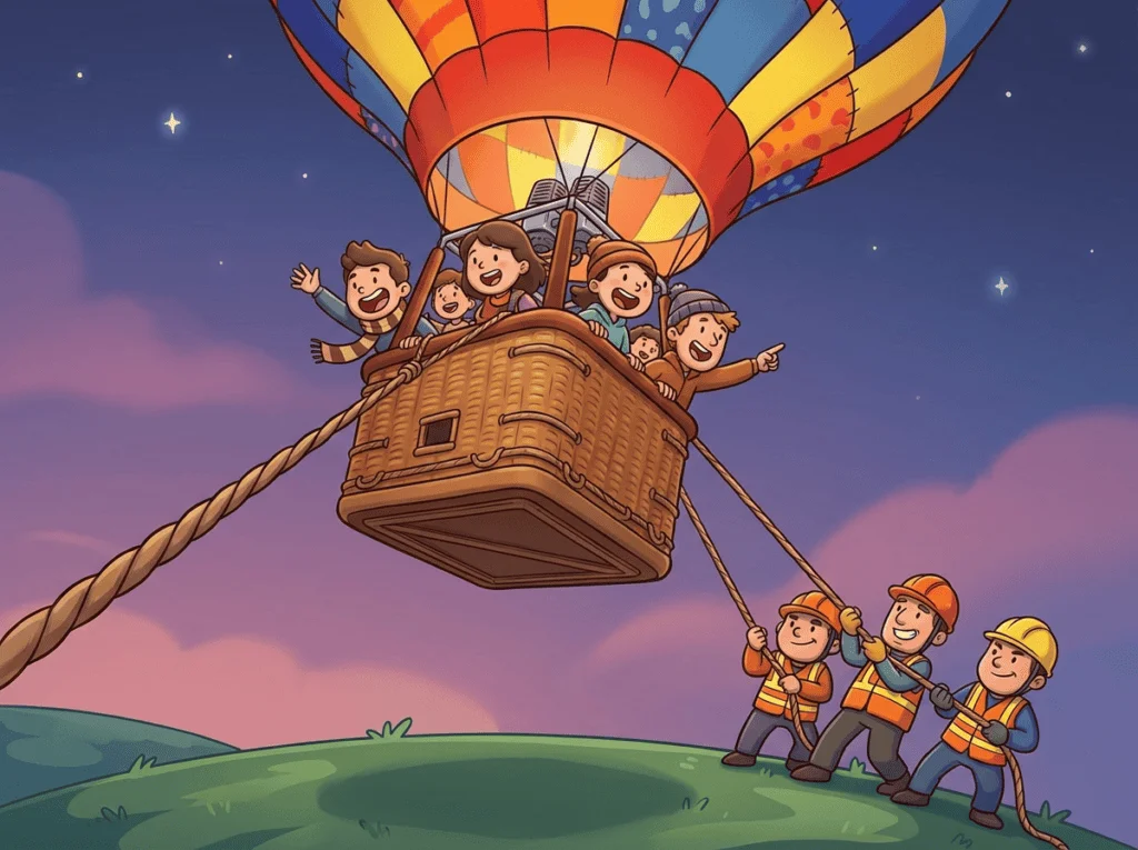  Passengers in a tethered hot air balloon basket ascending at the Tamil Nadu International Balloon Festival with ground crew holding ropes