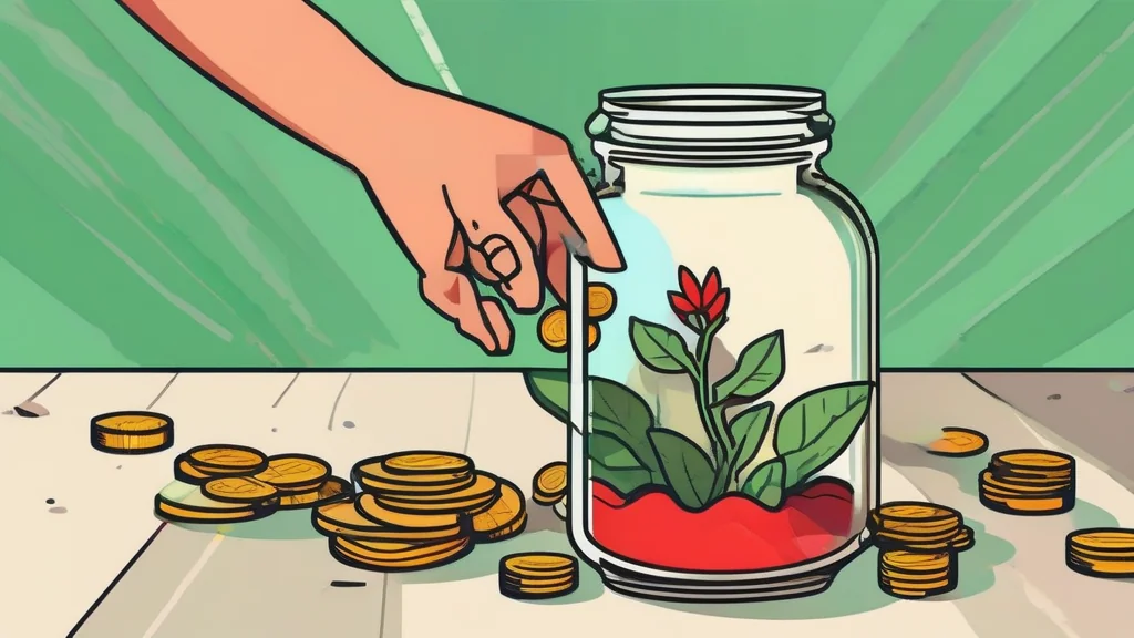A hand dropping a coin into a jar of coins with a plant growing from the top, representing tutor income