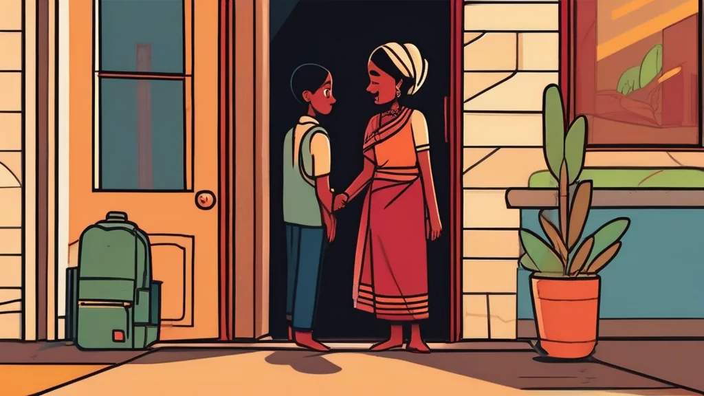 A parent shaking hands with a tutor at the door while her child waits beside her with a school bag