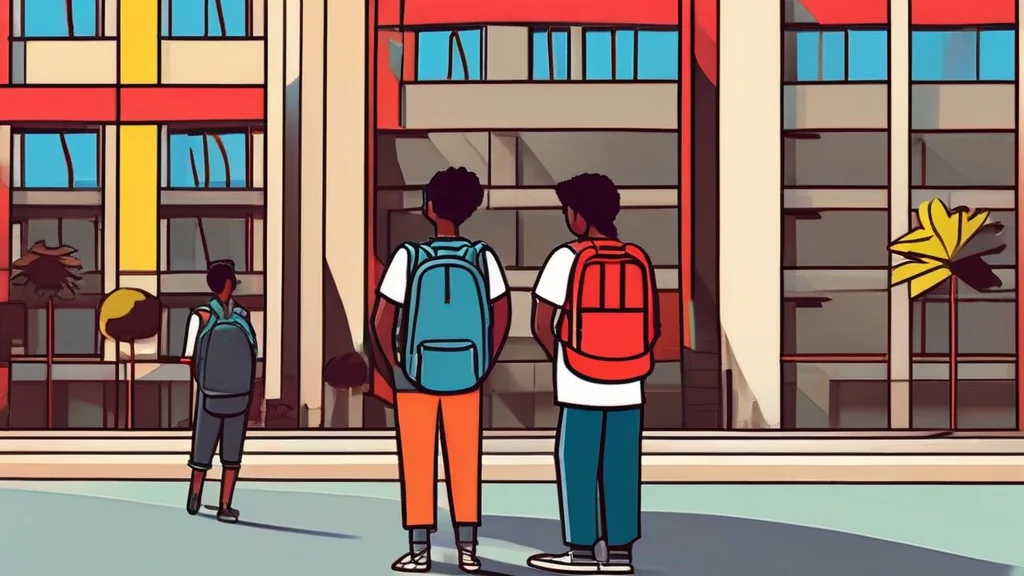 Students with backpacks standing outside a modern coaching centre building in Coimbatore