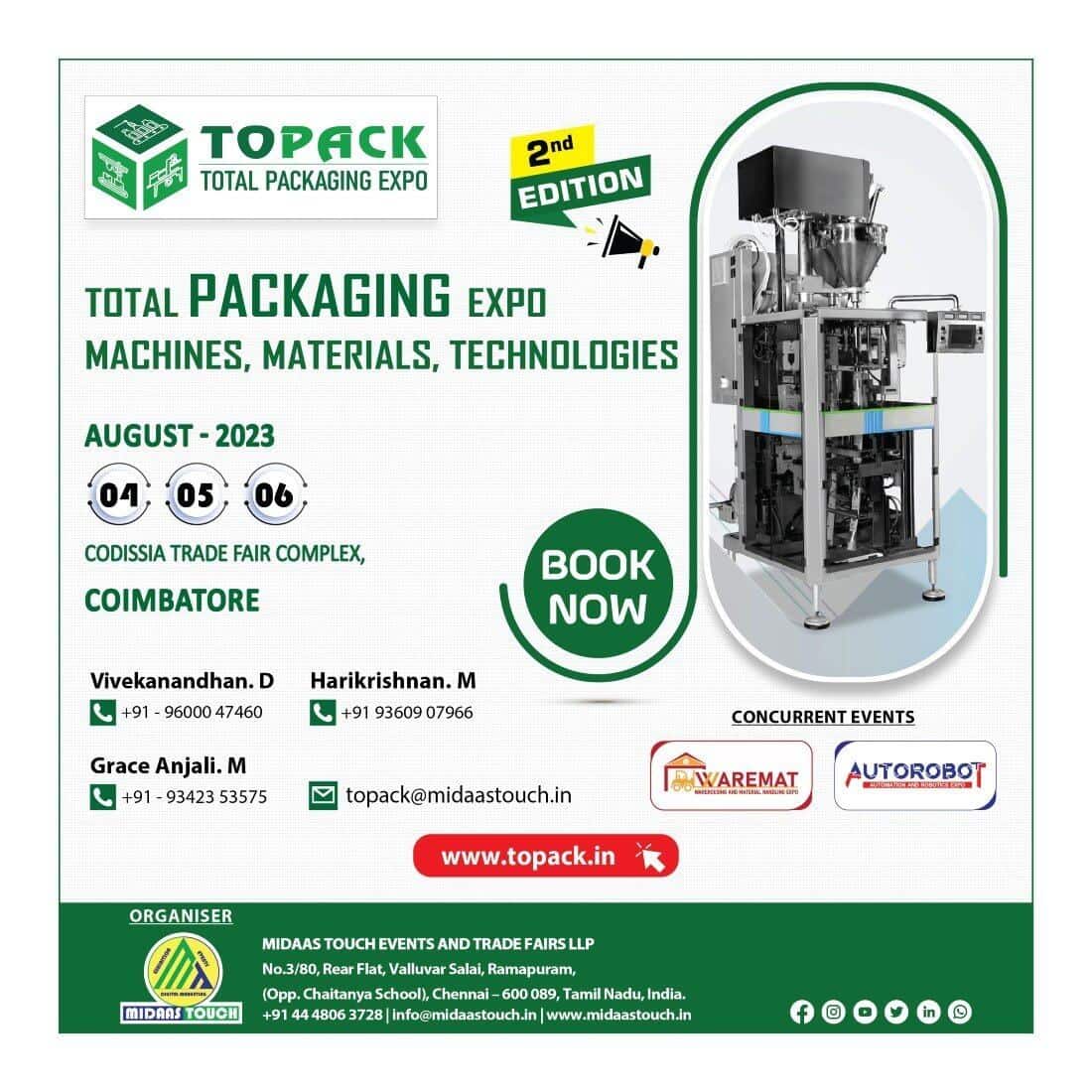 TOPACK Expo Total Packaging Exhibition CODISSIA, Coimbatore 2023